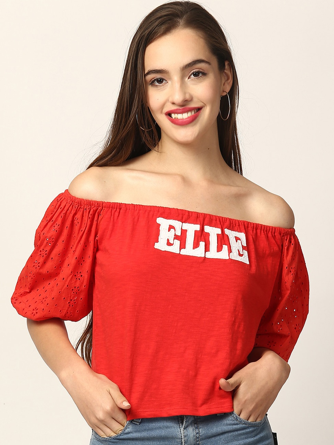

Elle Red Printed Off-shoulder Puff Sleeves Bardot Top