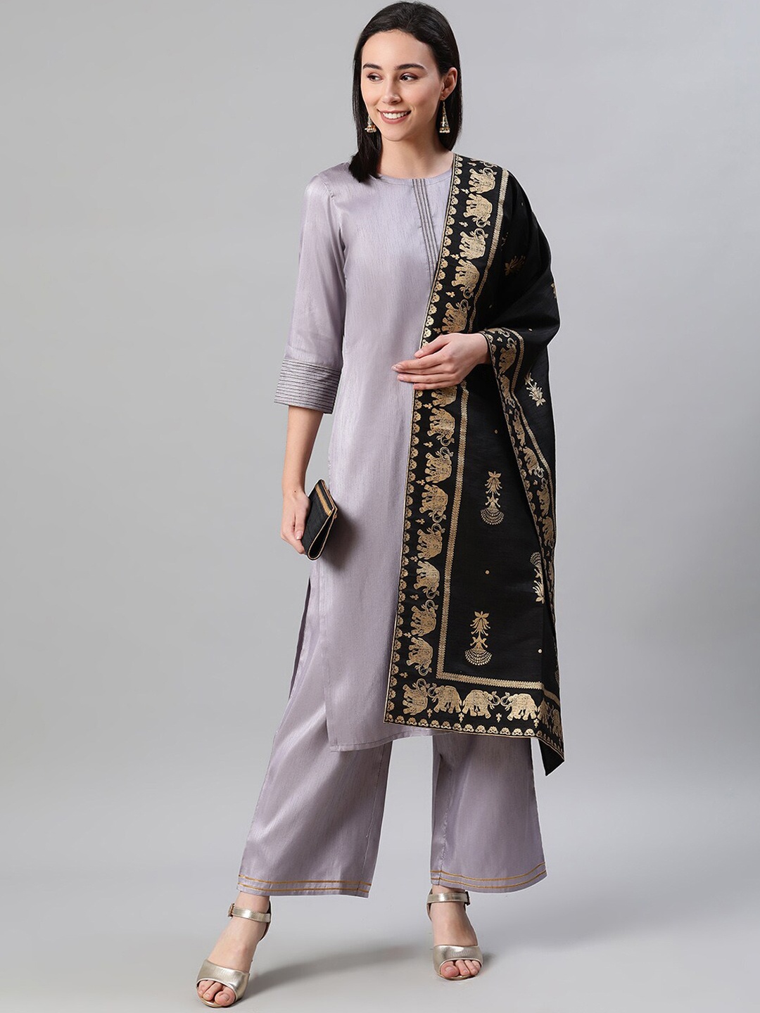 

ZIYAA Women Grey & Black Yoke Design Kurta with Palazzos & Dupatta