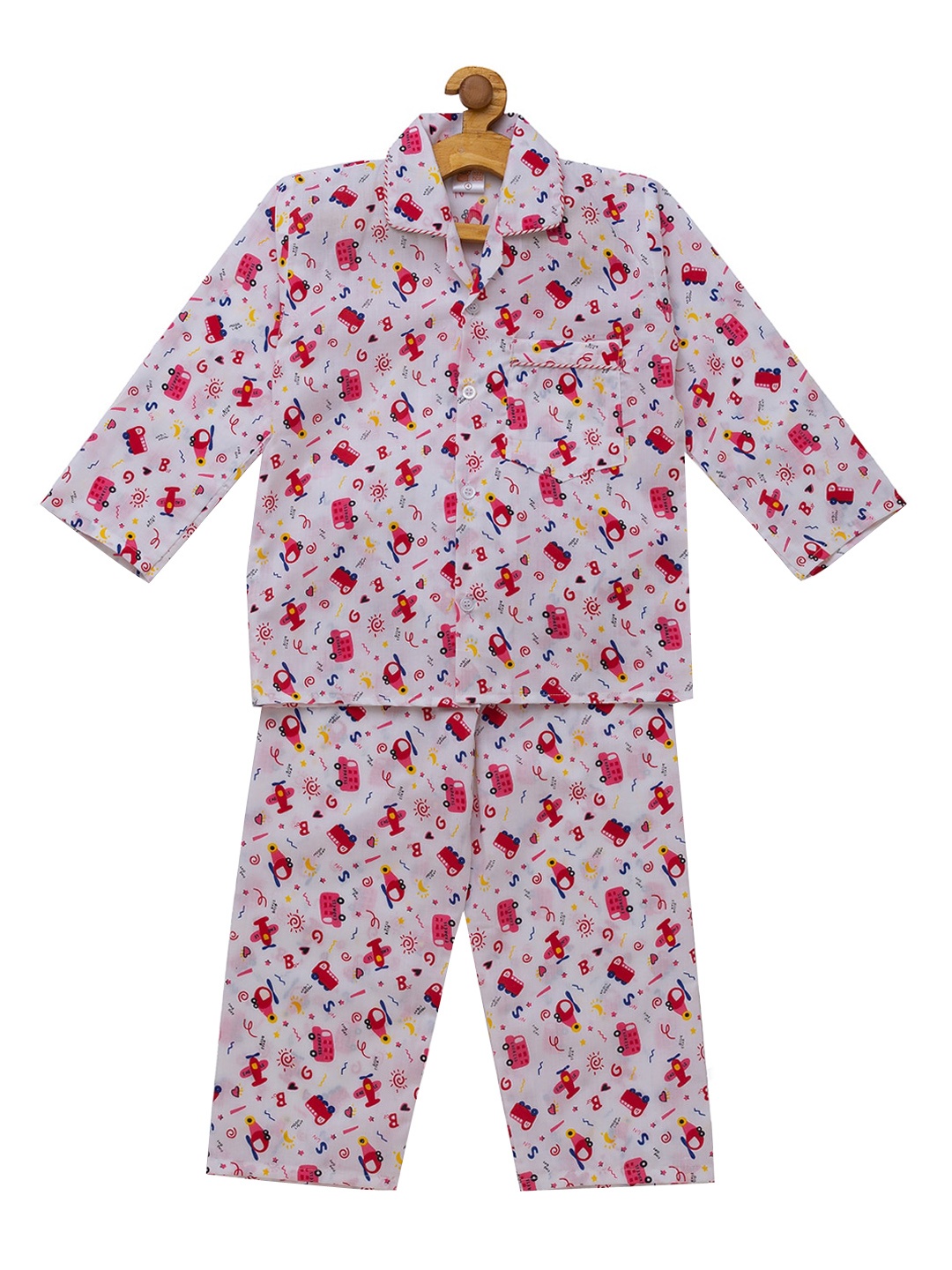 

Fuzzy Bear Boys White & Red Printed Cotton Sustainable Night Suit
