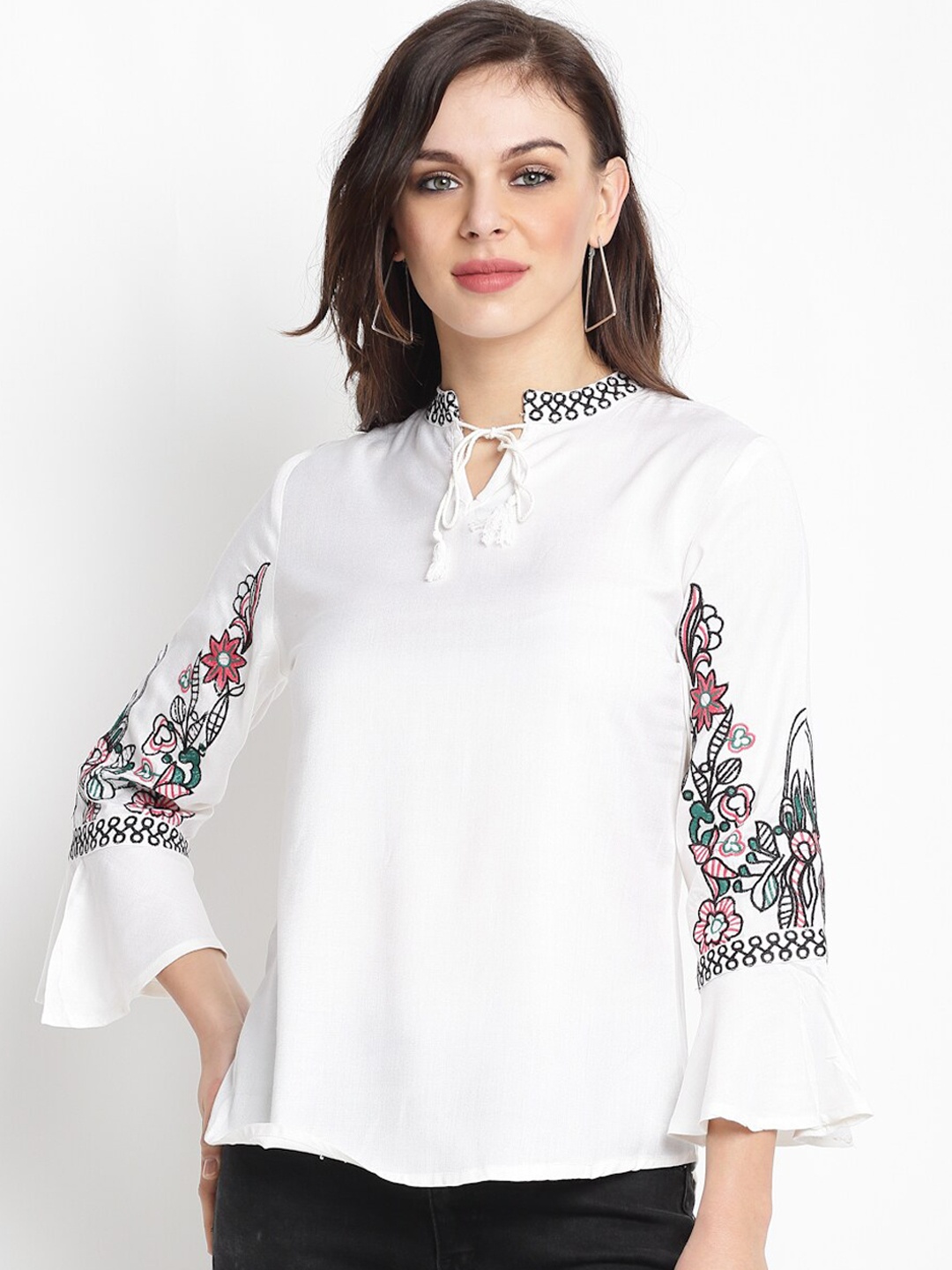 

Miaz Lifestyle White Tie-up Neck Flared Sleeves Regular Top