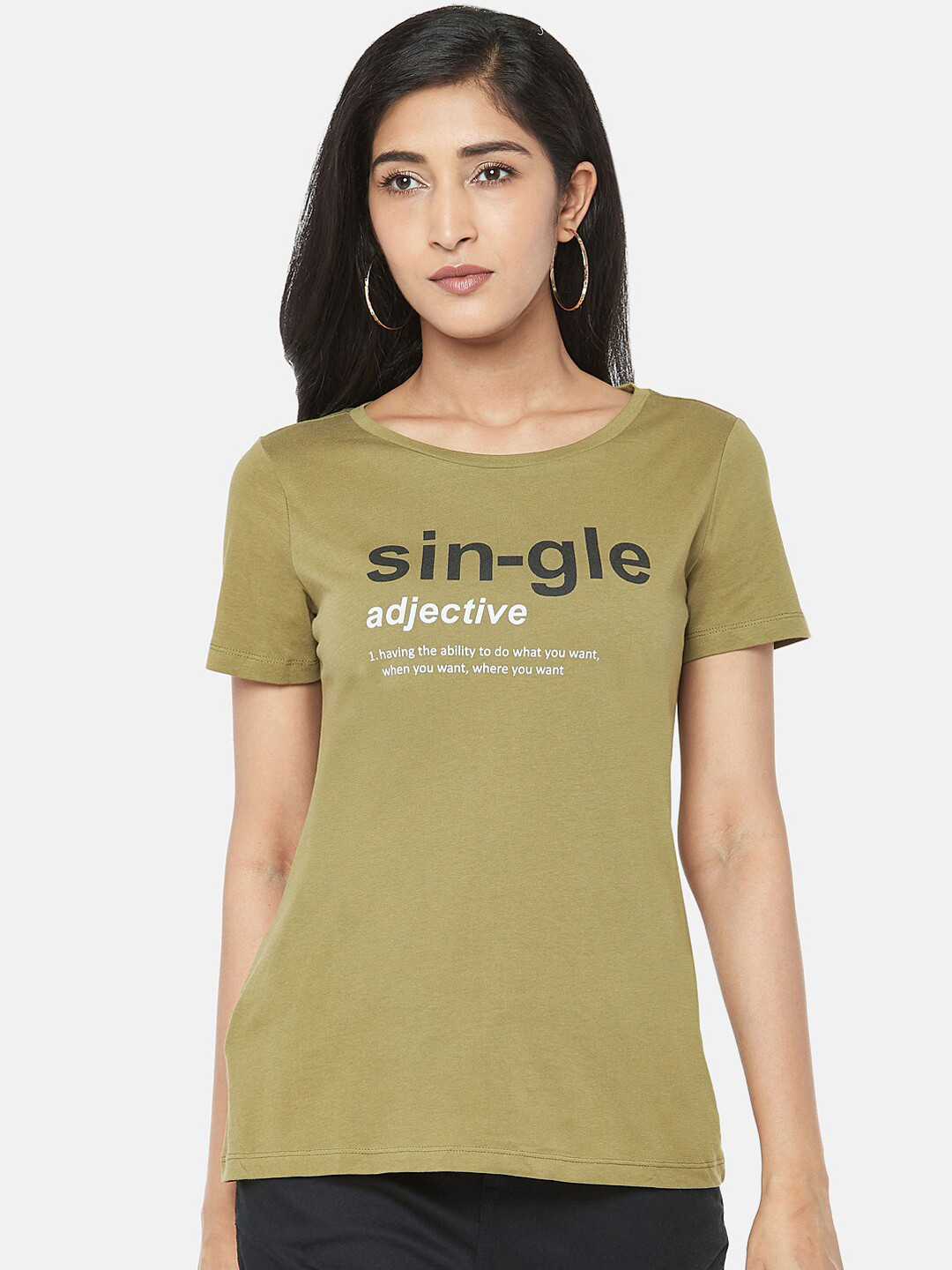 

Honey by Pantaloons Women Olive Green Printed Round Neck Cotton Pure Cotton T-shirt