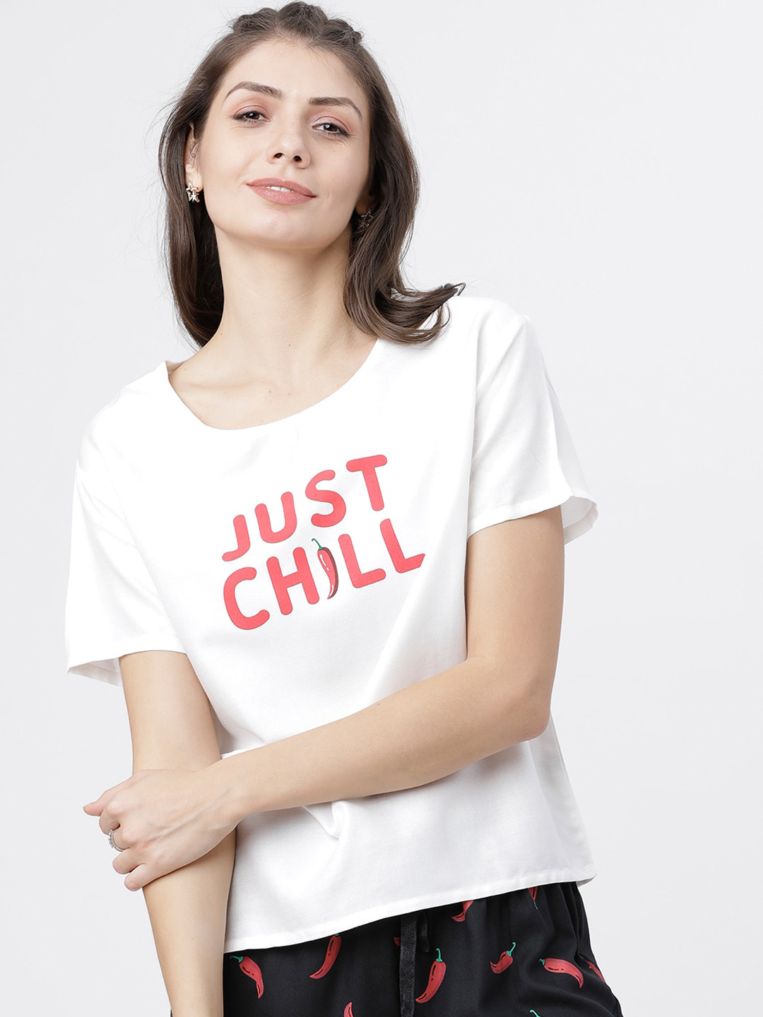 

Tokyo Talkies Women White & Red Printed Lounge Top