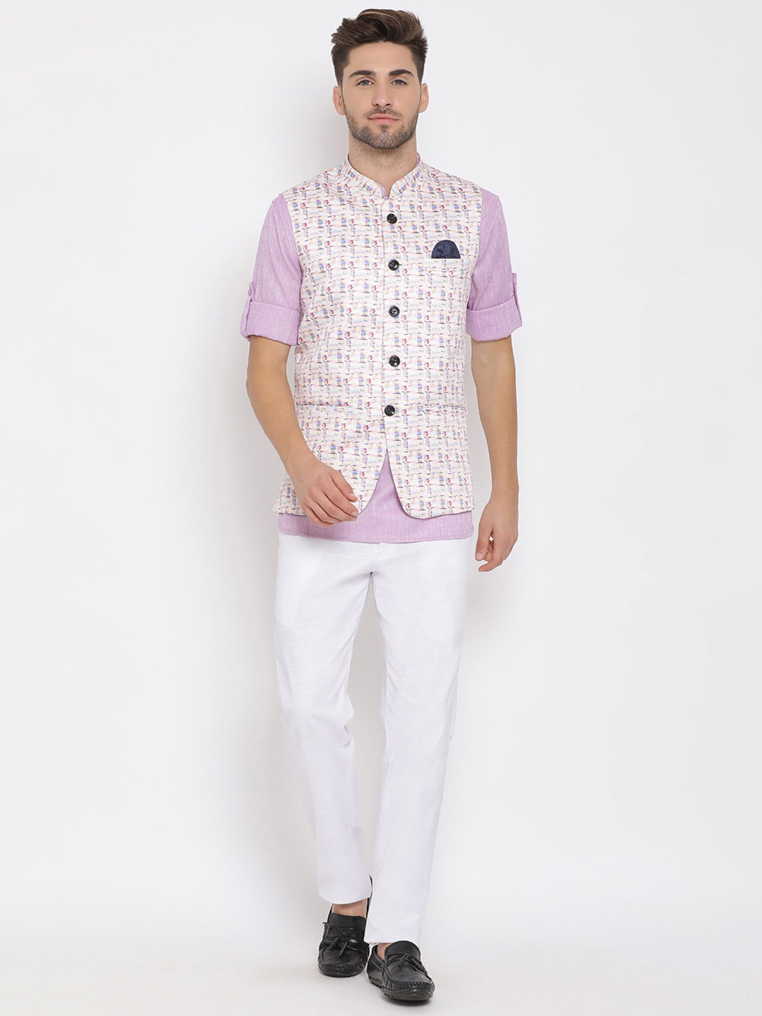 

Hangup Men Lavender & Off-White Solid Kurta with Trousers & Nehru Jacket