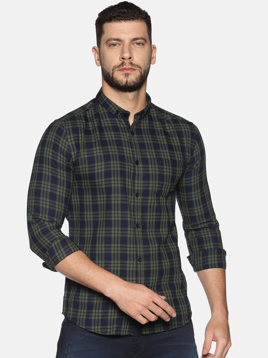 

SHOWOFF Men Green & Blue Slim Fit Checked Casual Shirt