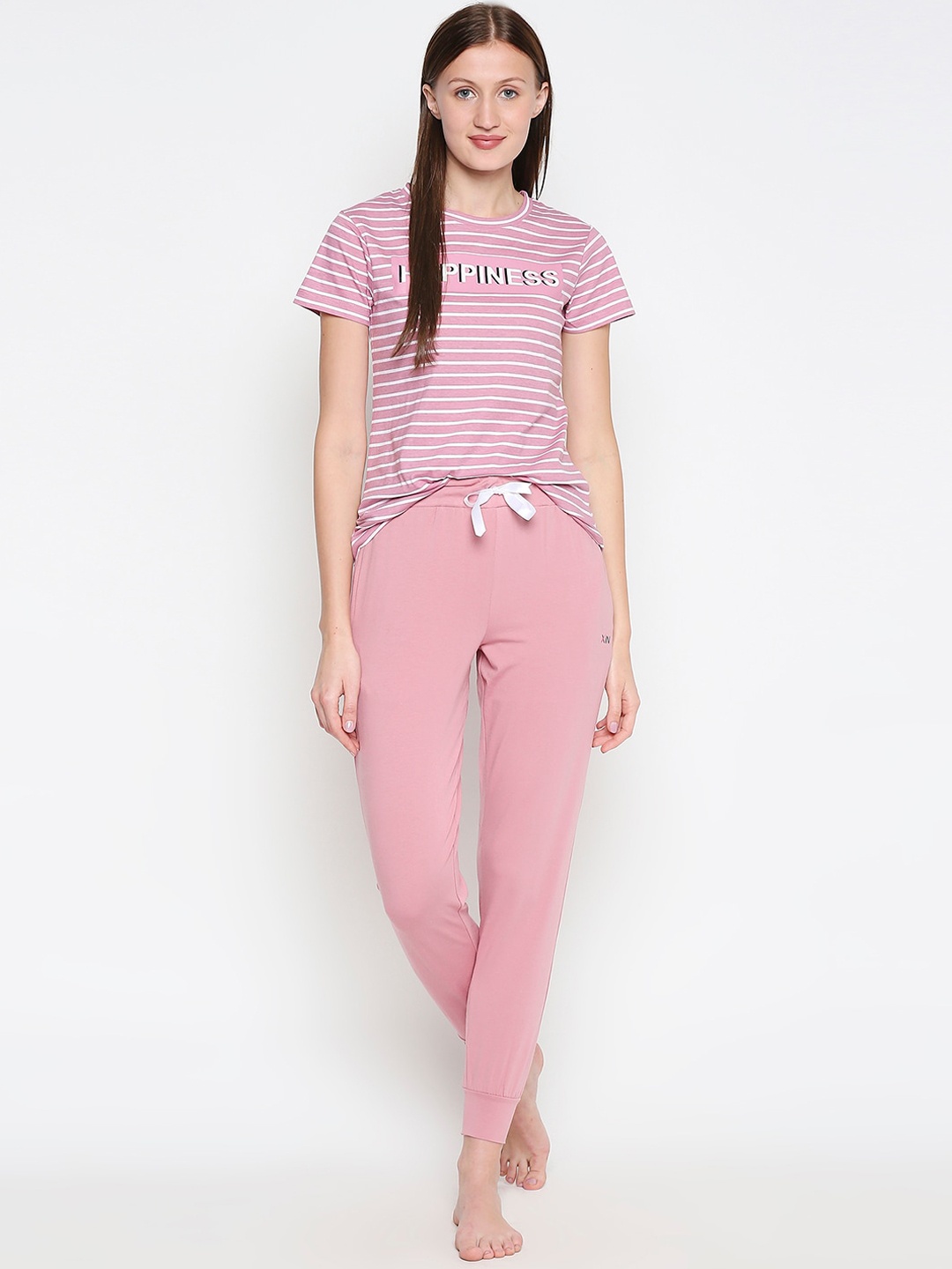

XIN Women Pink & White Striped Night suit