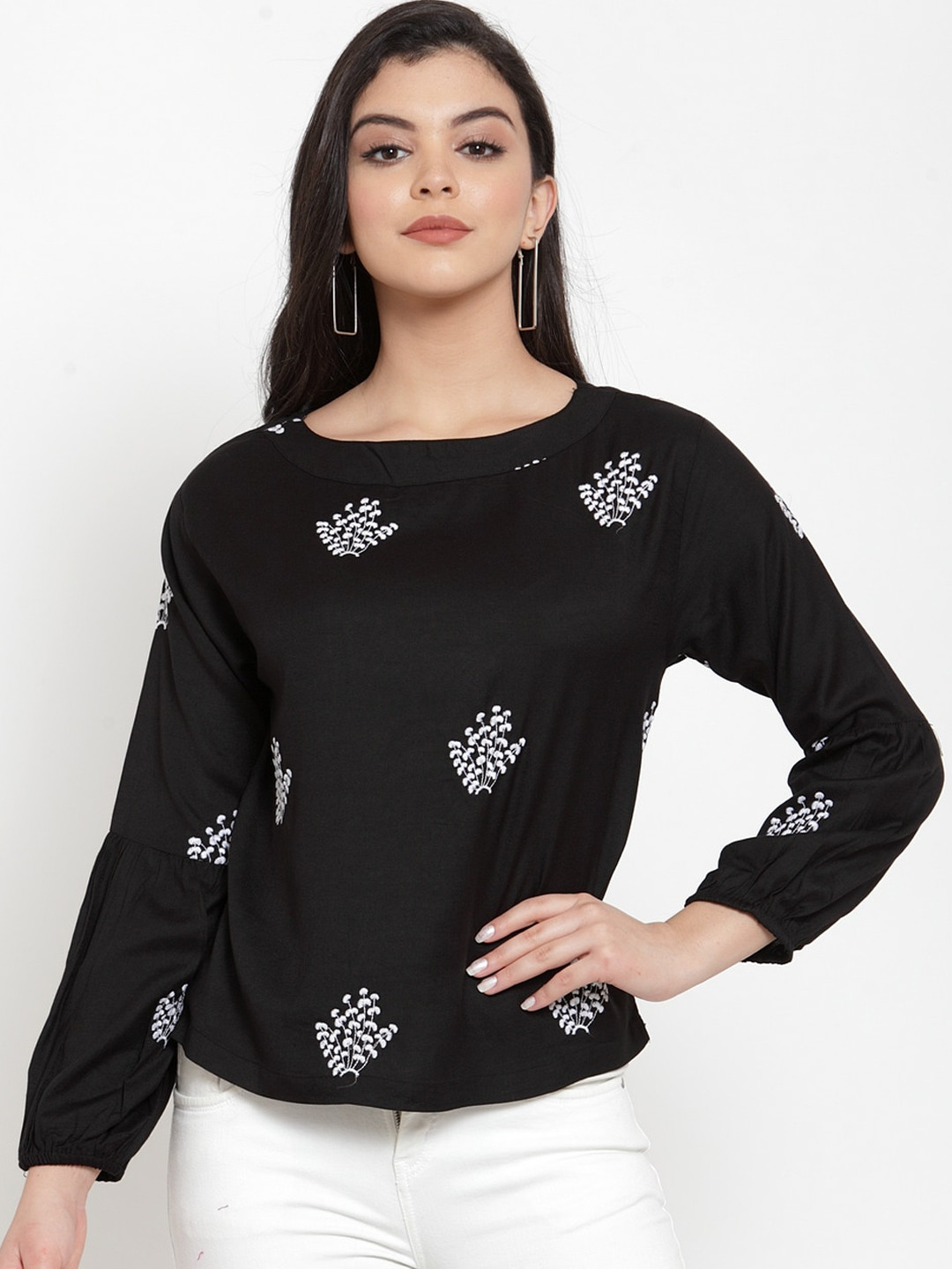 

Miaz Lifestyle Black Floral Embroidered Regular Top