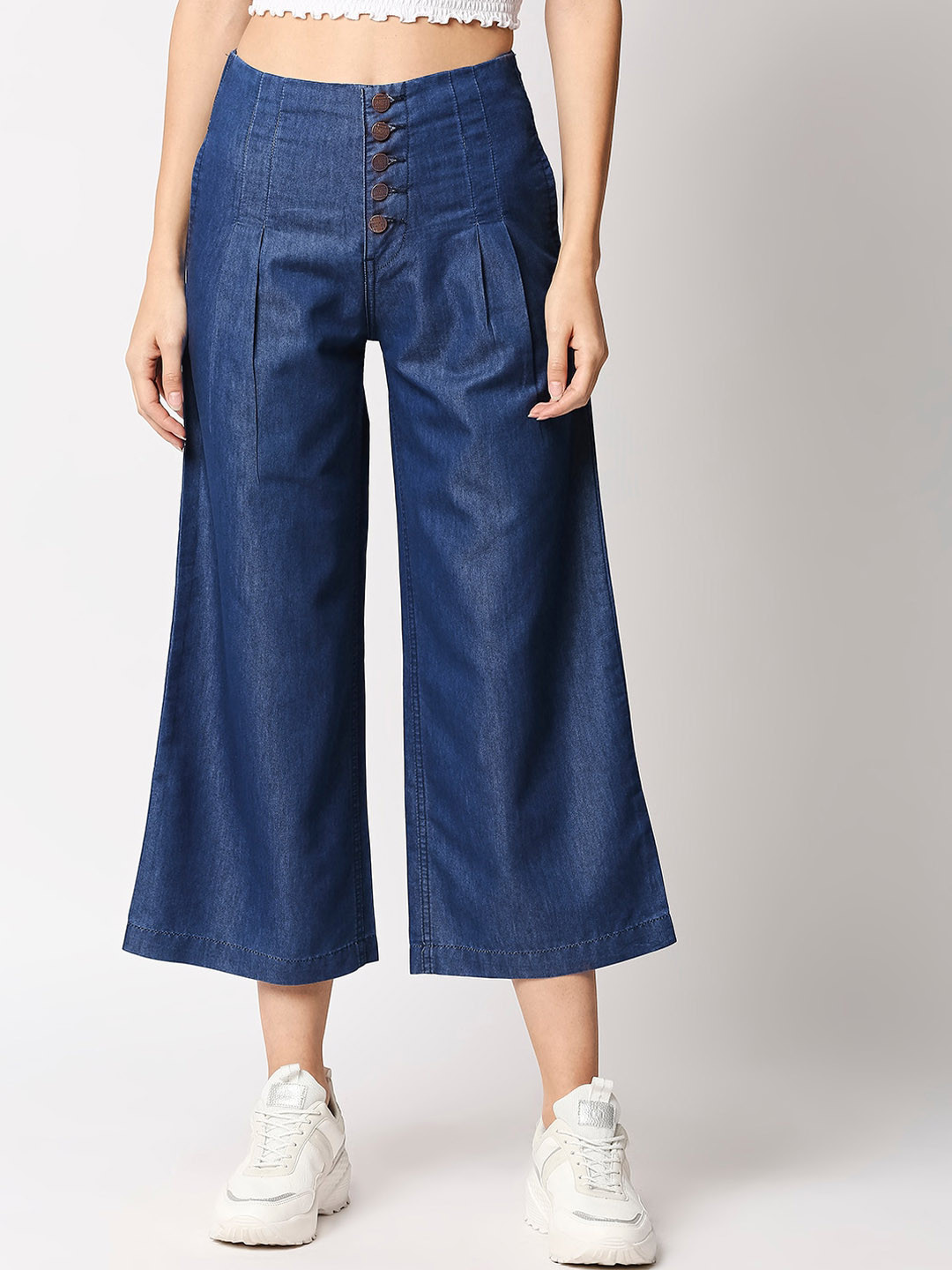 

High Star Women Blue Solid Wide Leg Palazzos