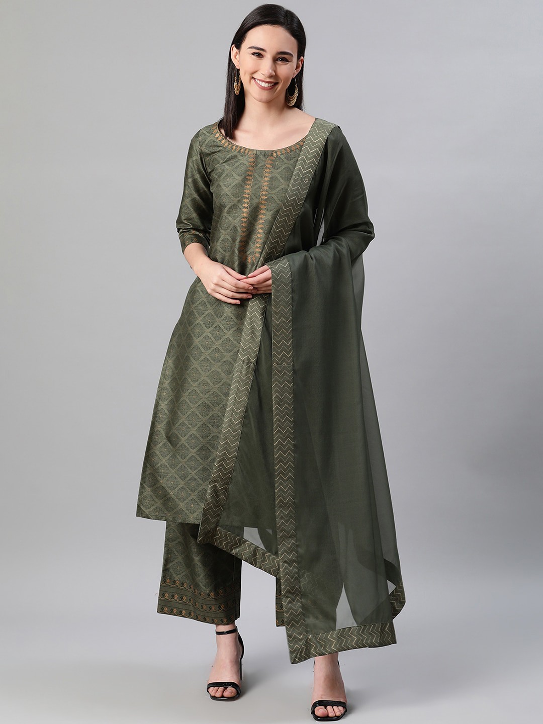 

ZIYAA Women Green Self Design Kurta with Palazzos & Dupatta