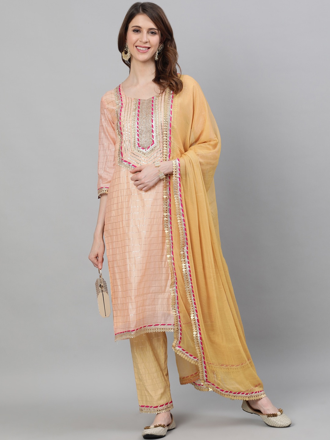 

Ishin Women Peach & Gold Chanderi Silk Kurta with Trousers & With Dupatta