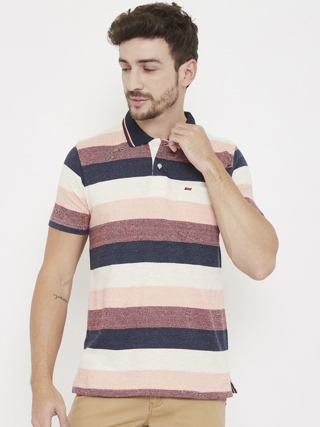 

NEVA Men Navy Blue & White Striped Polo Collar T-shirt
