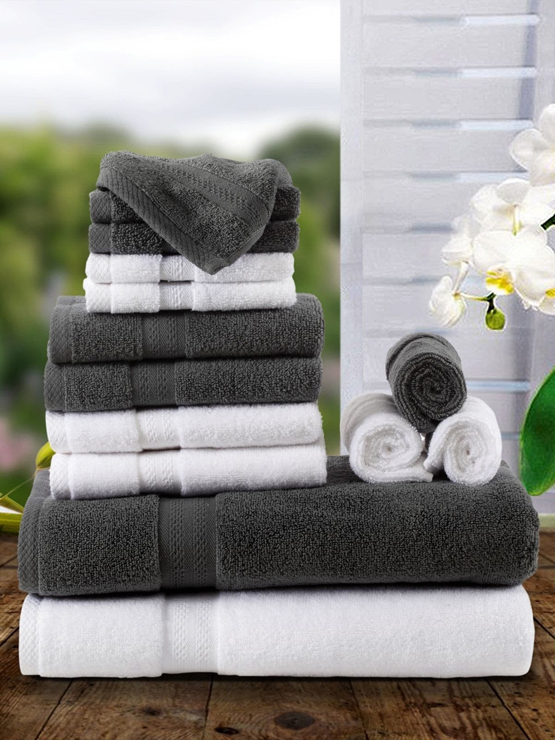 BIANCA Unisex Set Of 14 White & Grey Solid Zero-Twist 500 GSM Towels