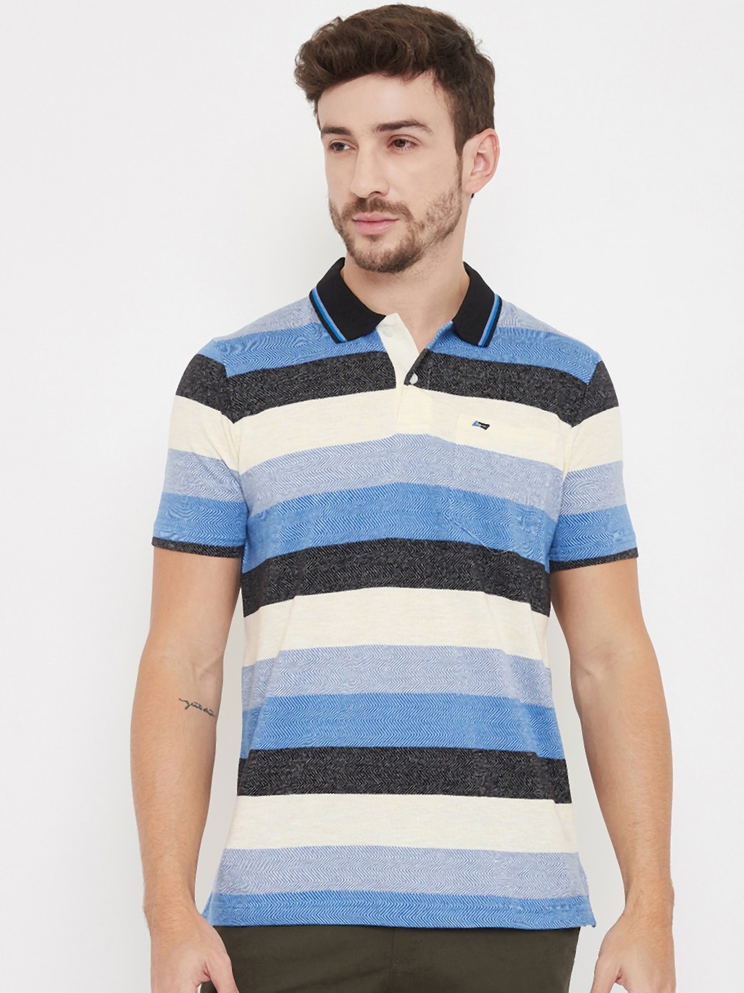

NEVA Men Blue Striped Polo Collar T-shirt
