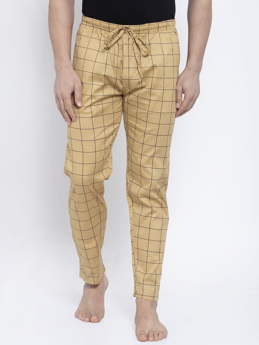 JAINISH Men Beige & Black Checked Lounge Pants
