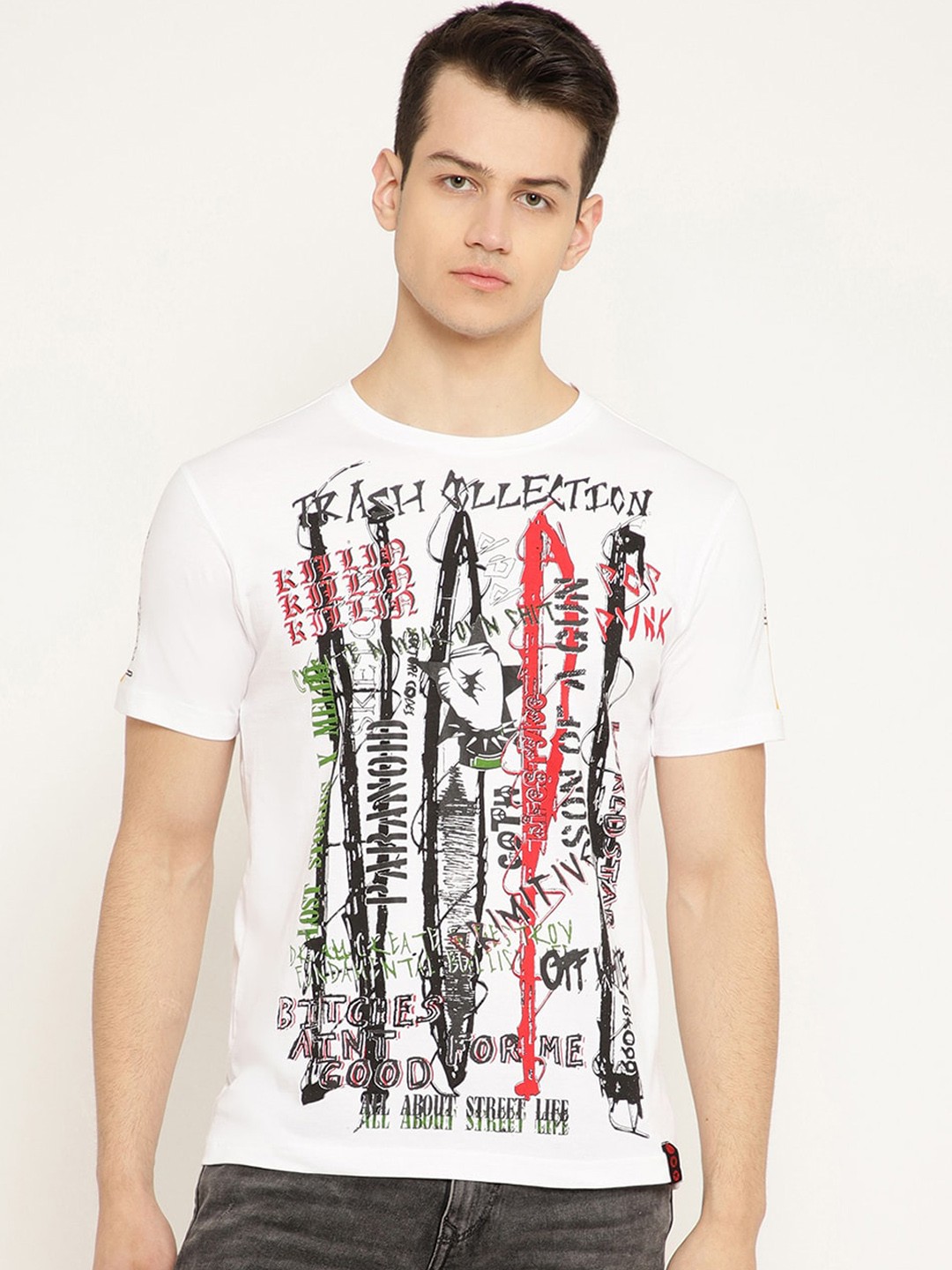 

PUNK Men White Printed Round Neck T-shirt