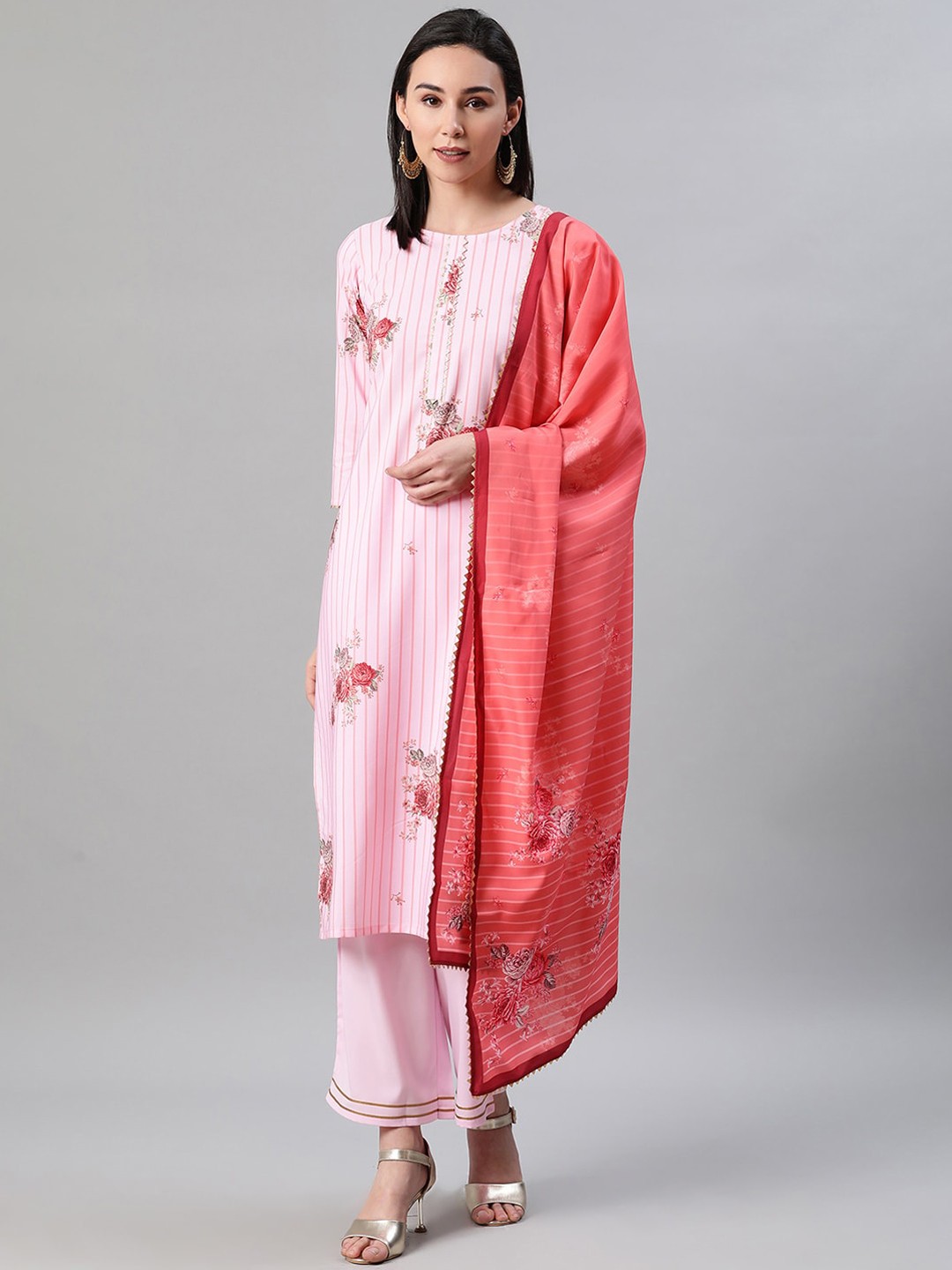 

ZIYAA Women Pink Striped Kurta with Palazzos & Dupatta