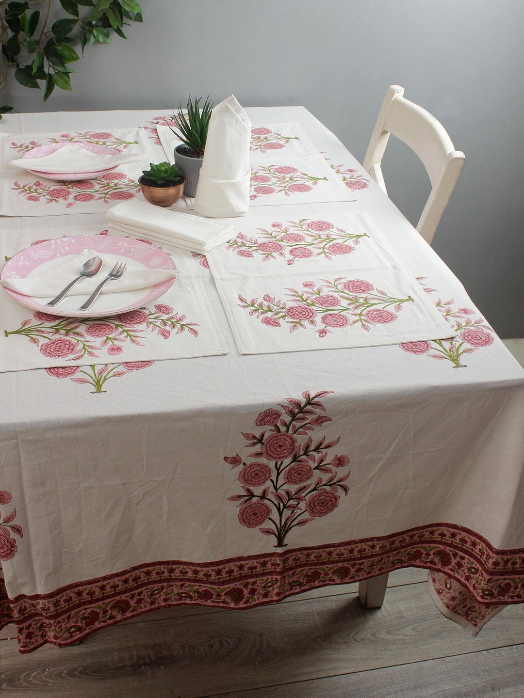 

Rajasthan Decor Set of 13 White & Pink Floral Printed Sustainable Table Linen Set