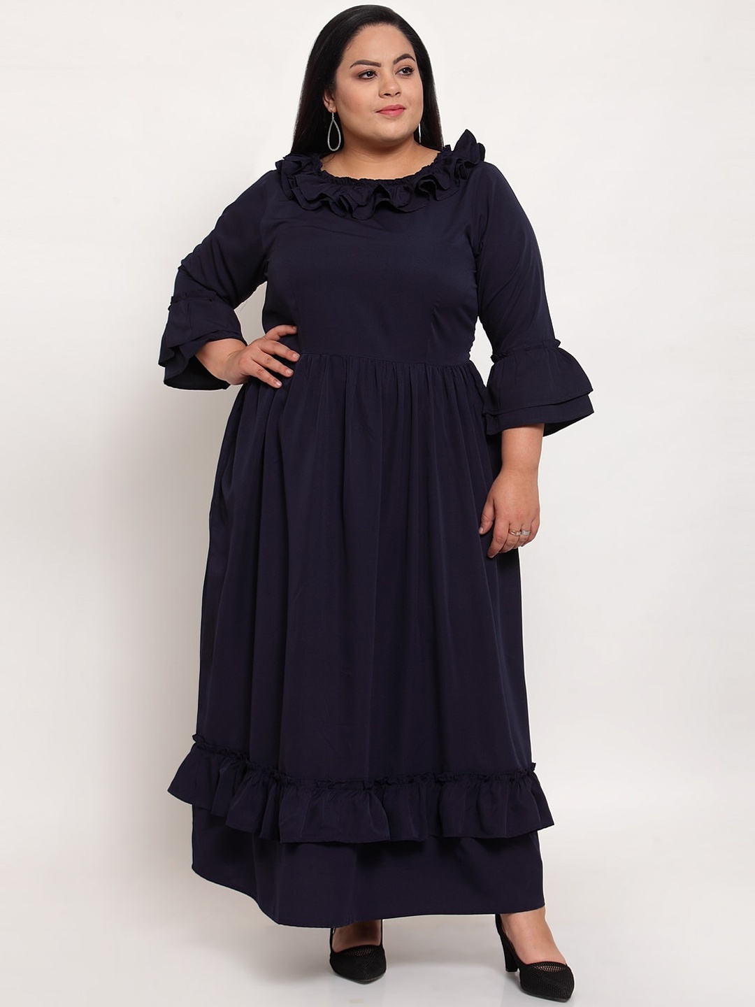

Flambeur Plus Size Women Navy Blue Solid Maxi Dress