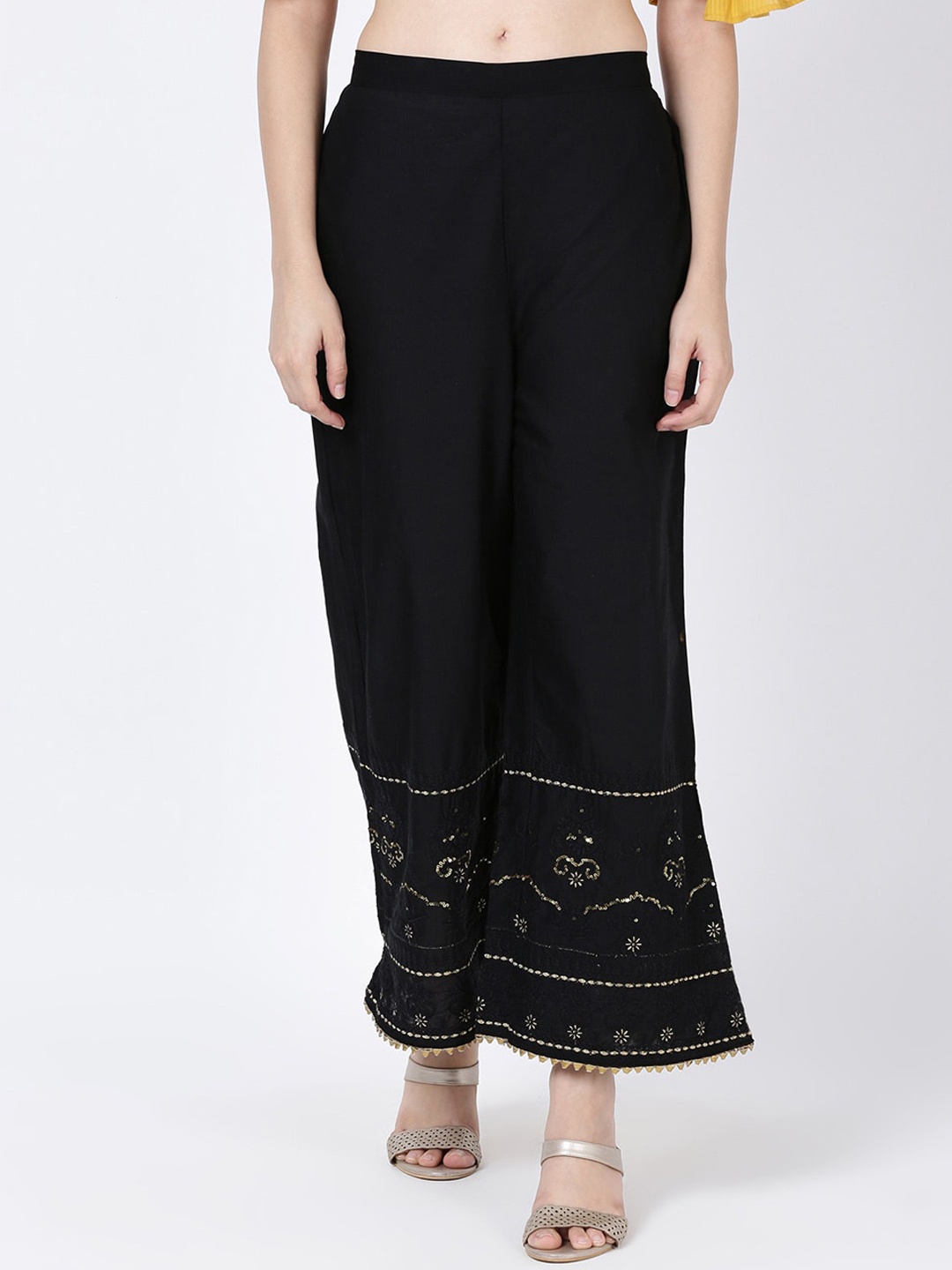 

Soch Women Black & Golden-Coloured Hem Design Straight Palazzos