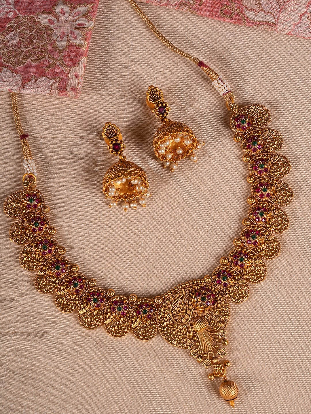 Shoshaa Gold-Plated Pink & Green Stone-Studded & Beaded Handcrafted Jewellery Set