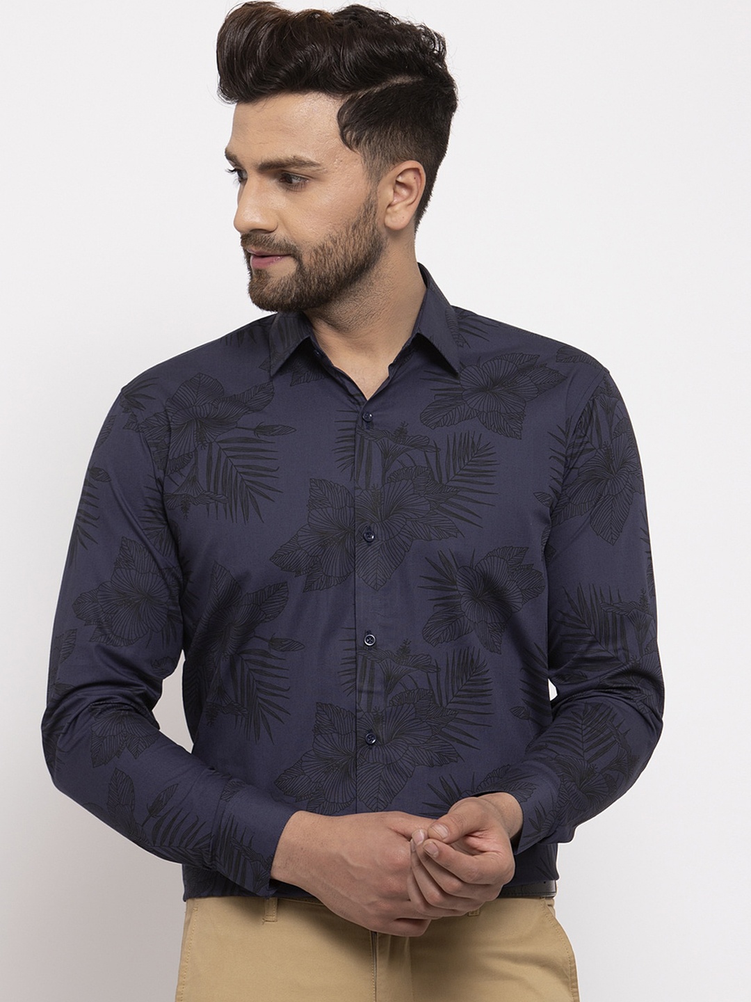 

JAINISH Men Navy Blue & Black Regular Fit Printed Semiformal Shirt