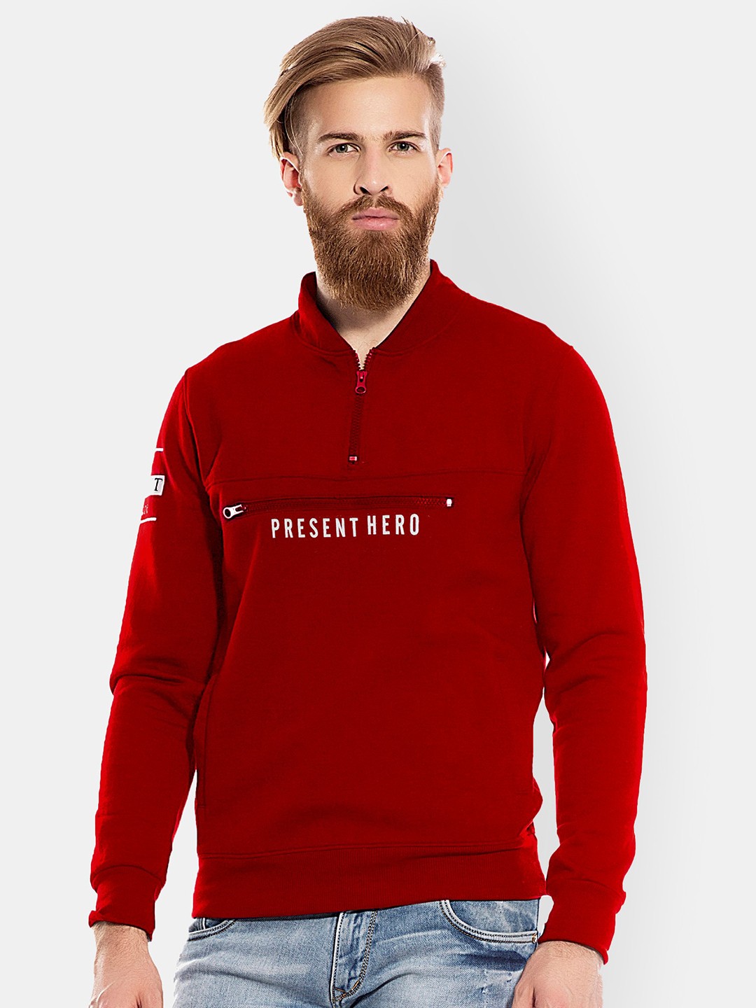 

Maniac Men Red Solid Mandarin Collar T-shirt