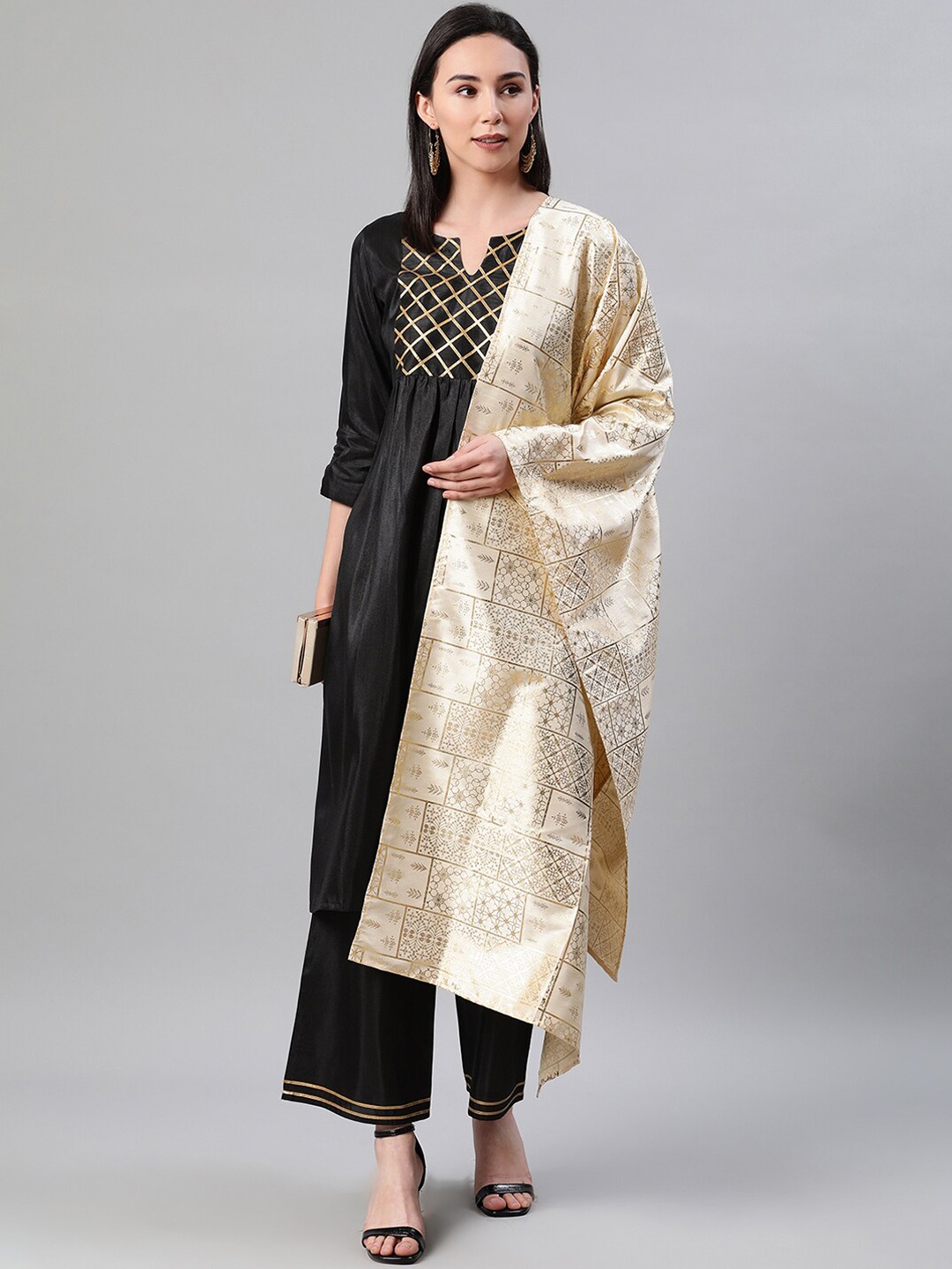 

ZIYAA Women Black Yoke Design Kurta with Palazzos & Dupatta