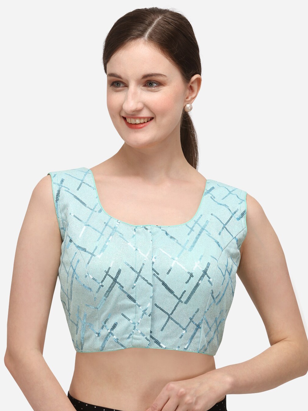 

Fab Dadu Women Blue Sequin Embellished Readymade Saree Blouse