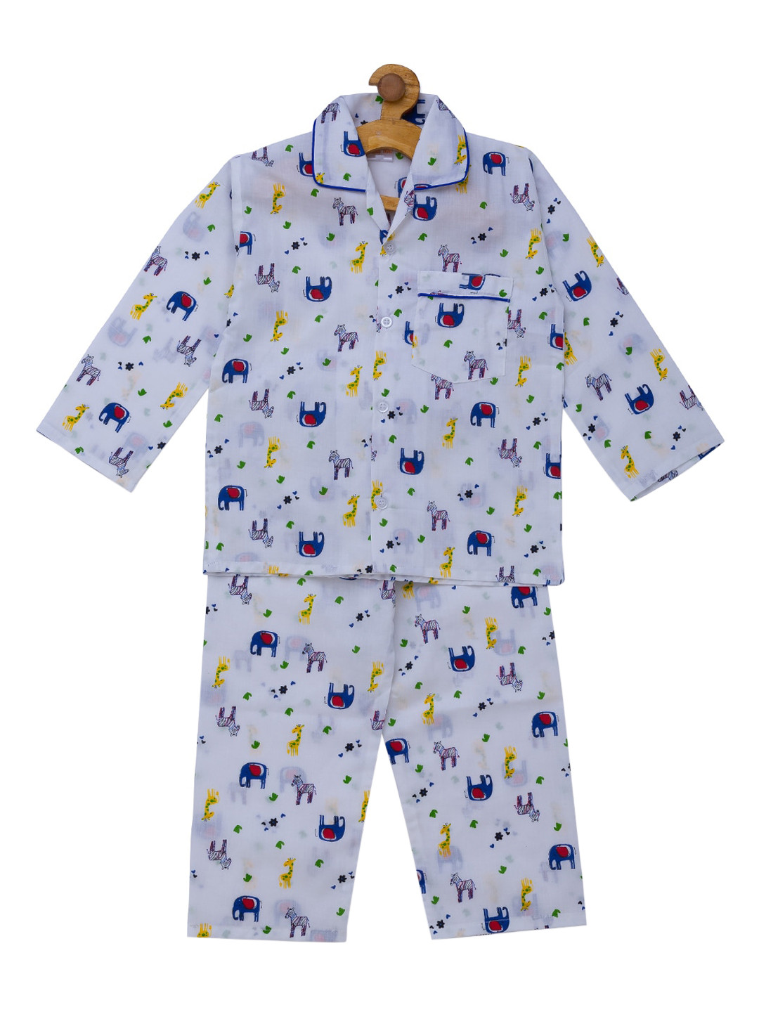 

Fuzzy Bear Boys White & Blue Printed Sustainable Night Suit