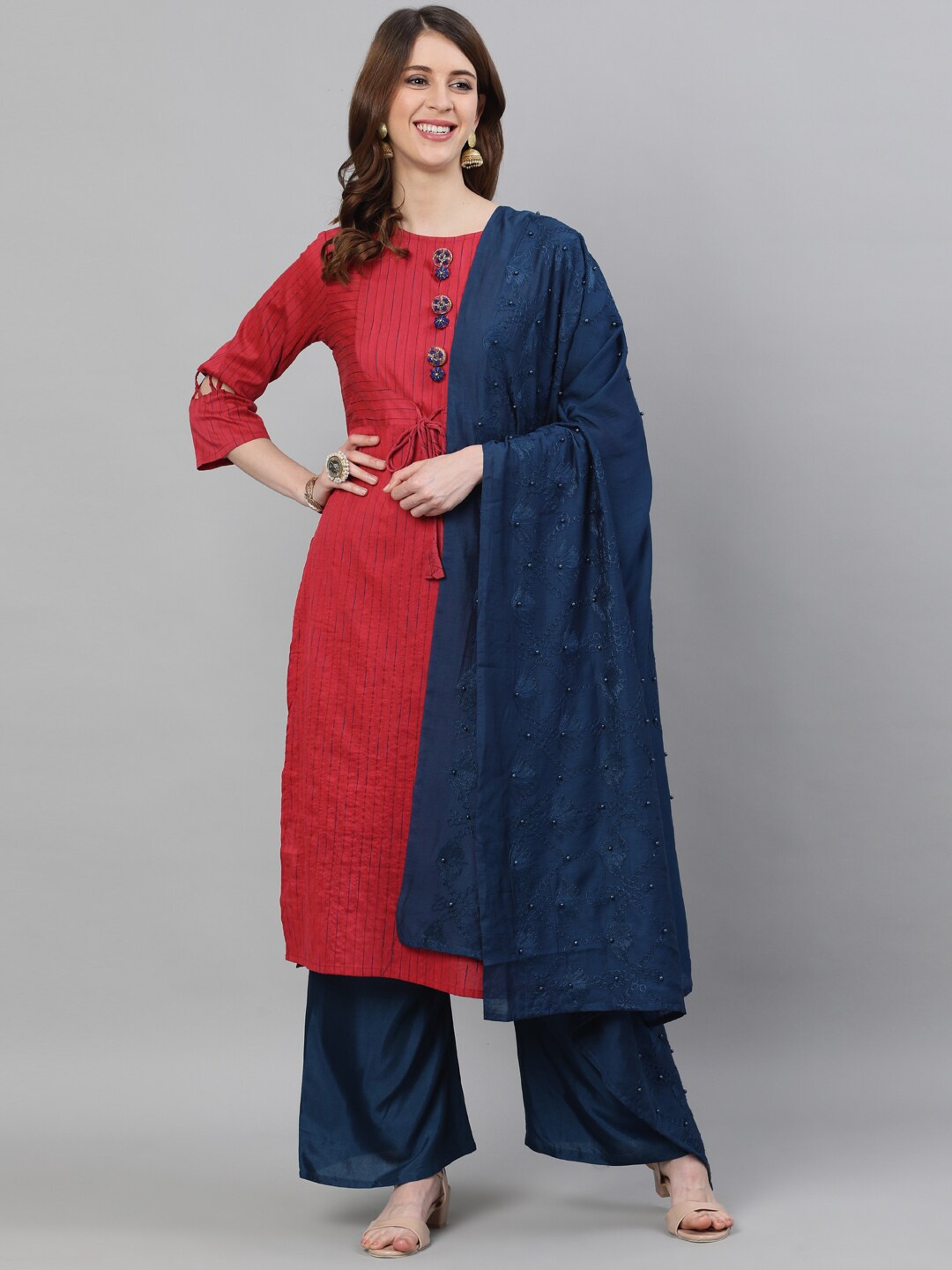 

Ishin Women Red & Navy Blue Striped Kurta with Palazzos & With Dupatta