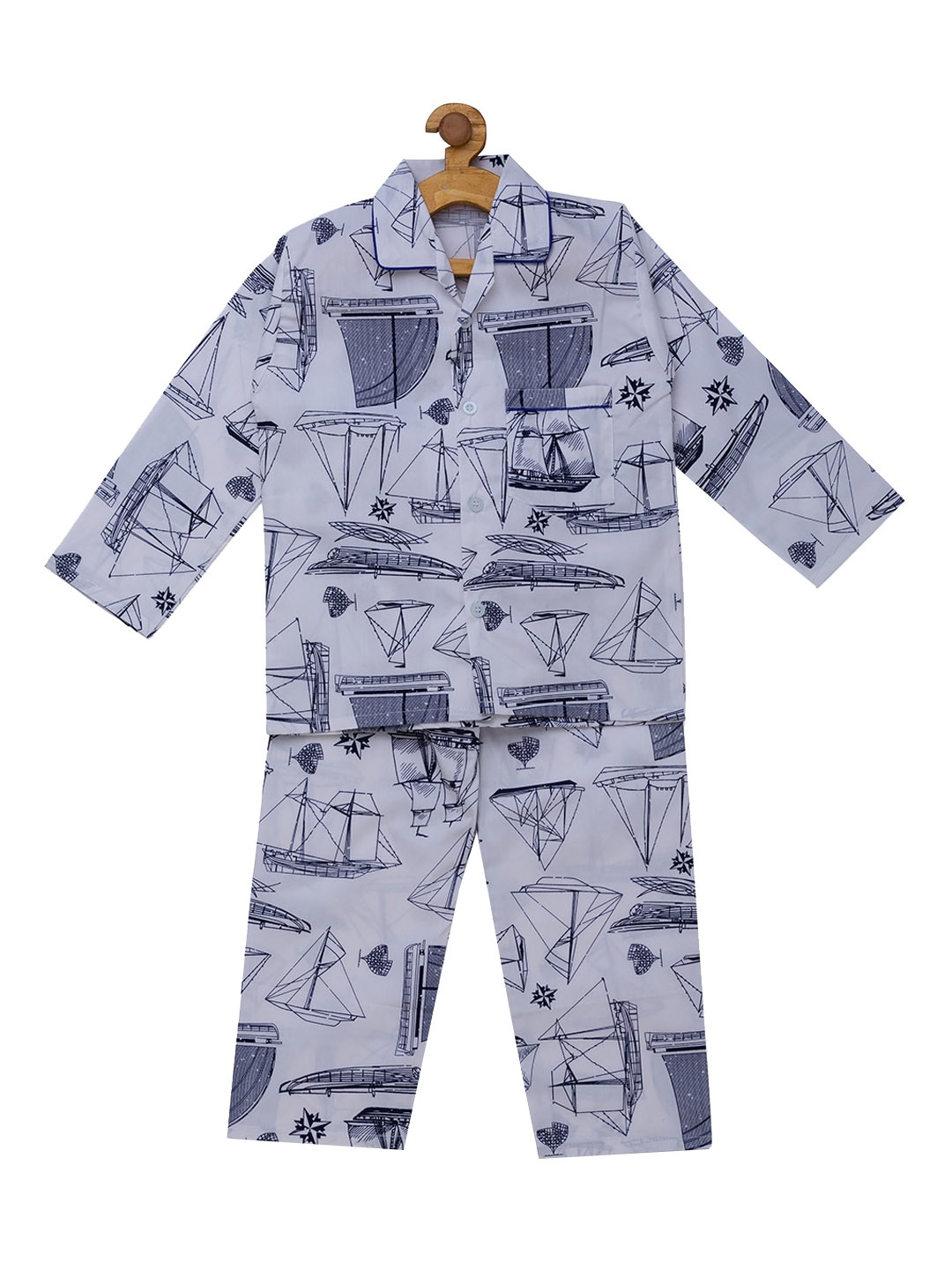 

Fuzzy Bear Boys White & Navy Blue Printed Sustainable Night Suit