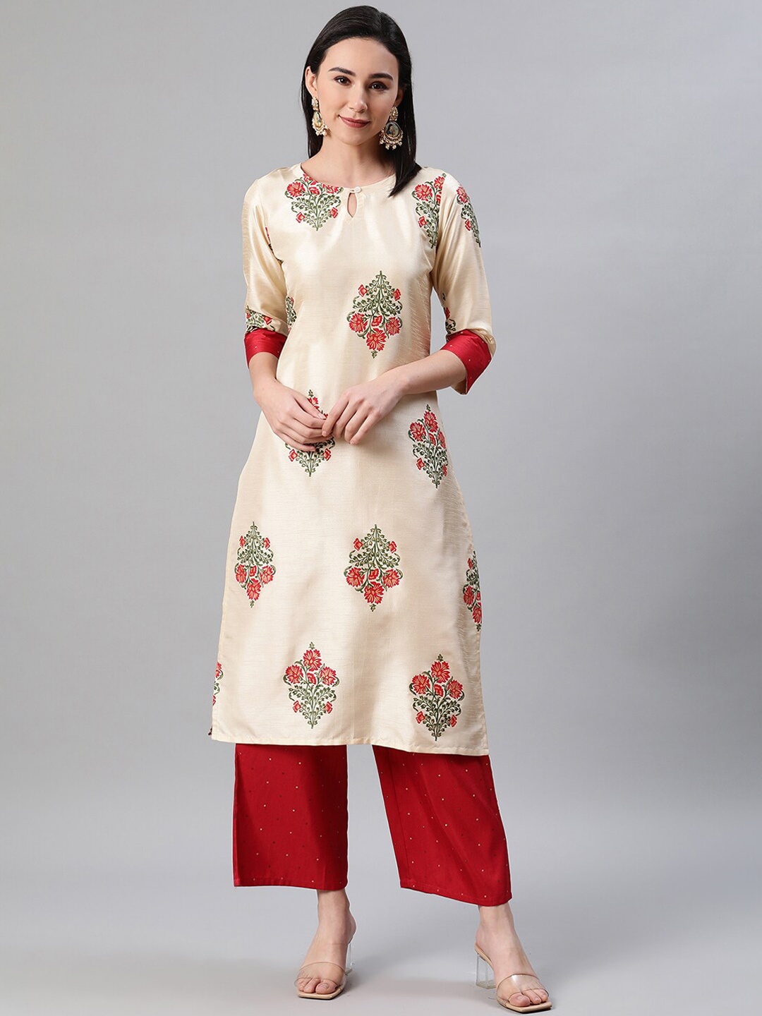 

ZIYAA Women Cream-Coloured & Red Printed Kurta & Palazzo Set