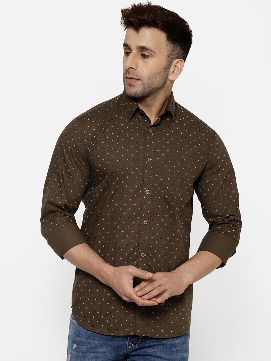 

cape canary Men Brown & Grey Regular Fit Printed Casual Shirt