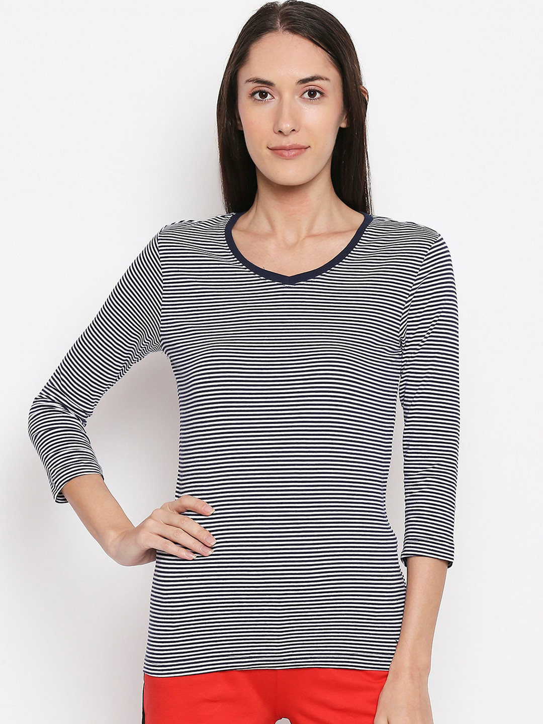 

XIN Women Navy Blue & White Striped Round Neck T-shirt