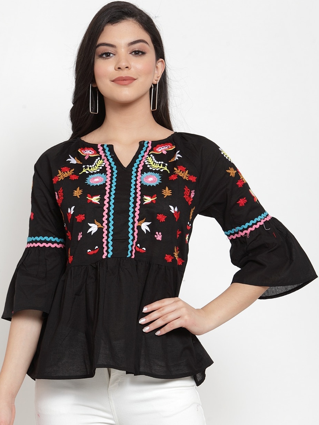 

Miaz Lifestyle Black Floral Embroidered Bell Sleeves Peplum Top