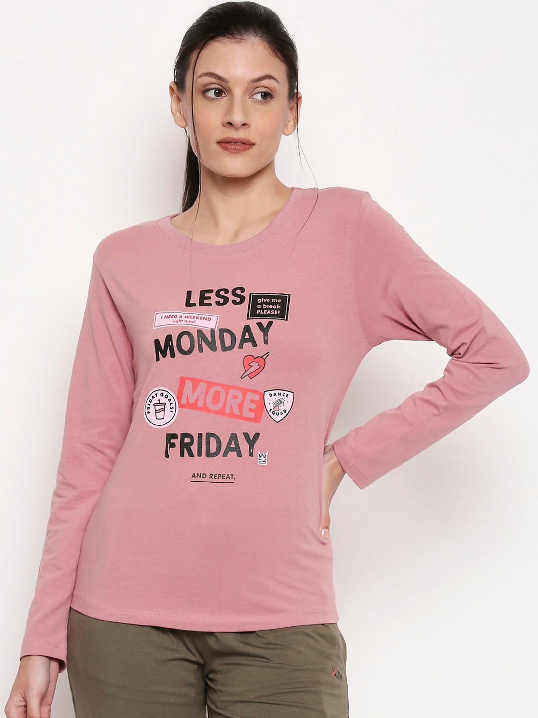 

XIN Women Pink Printed Round Neck Lounge T-shirt