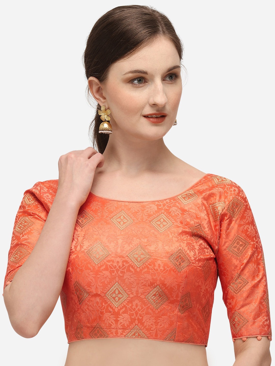 

Fab Dadu Women Peach-Coloured & Gold-Toned Woven-Design Jacquard Saree Blouse