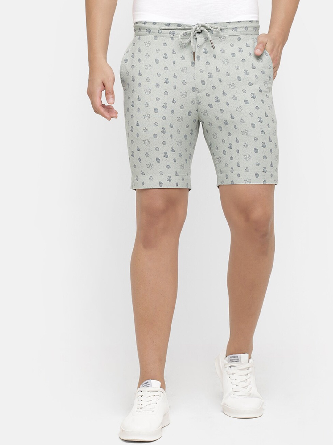 Linen Club Men Grey Printed Slim Fit Pure Linen Regular Shorts