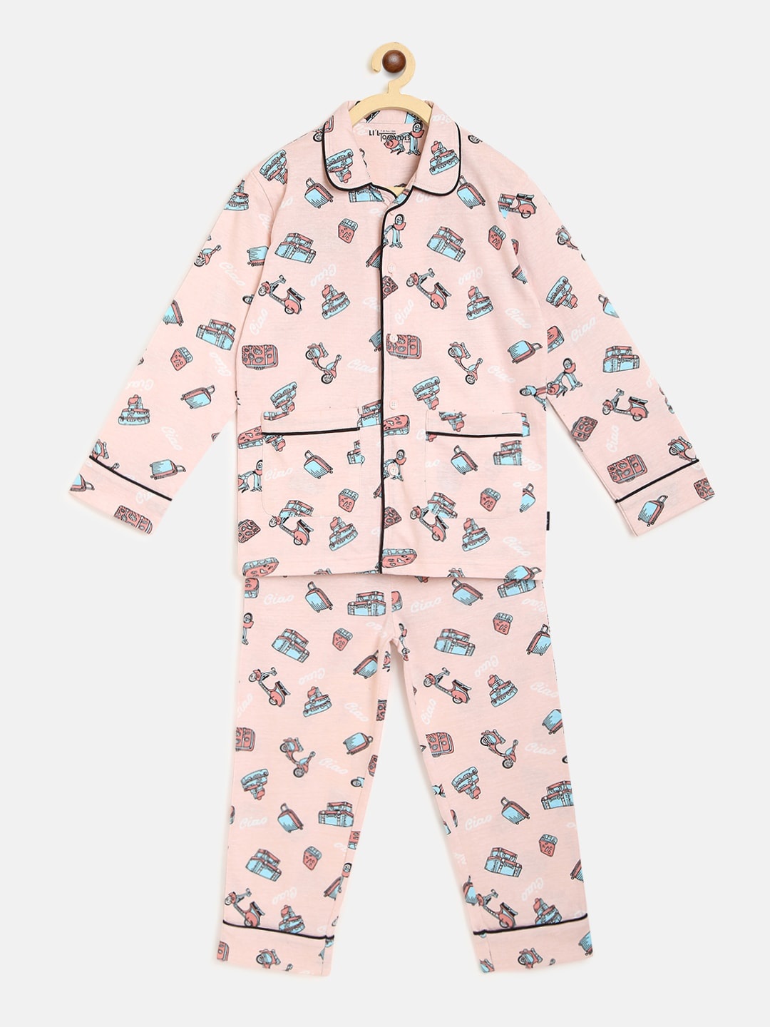 

Lil Tomatoes Unisex Kids Peach-Coloured & Turquoise Blue Printed Night Suit