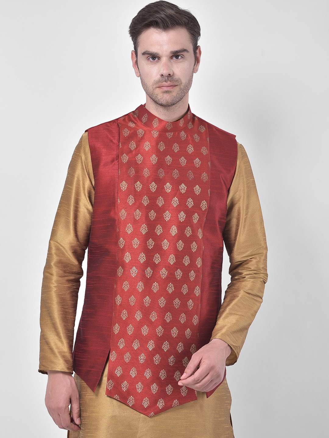 DEYANN Men Red & Gold-Colored Printed Nehru Jacket