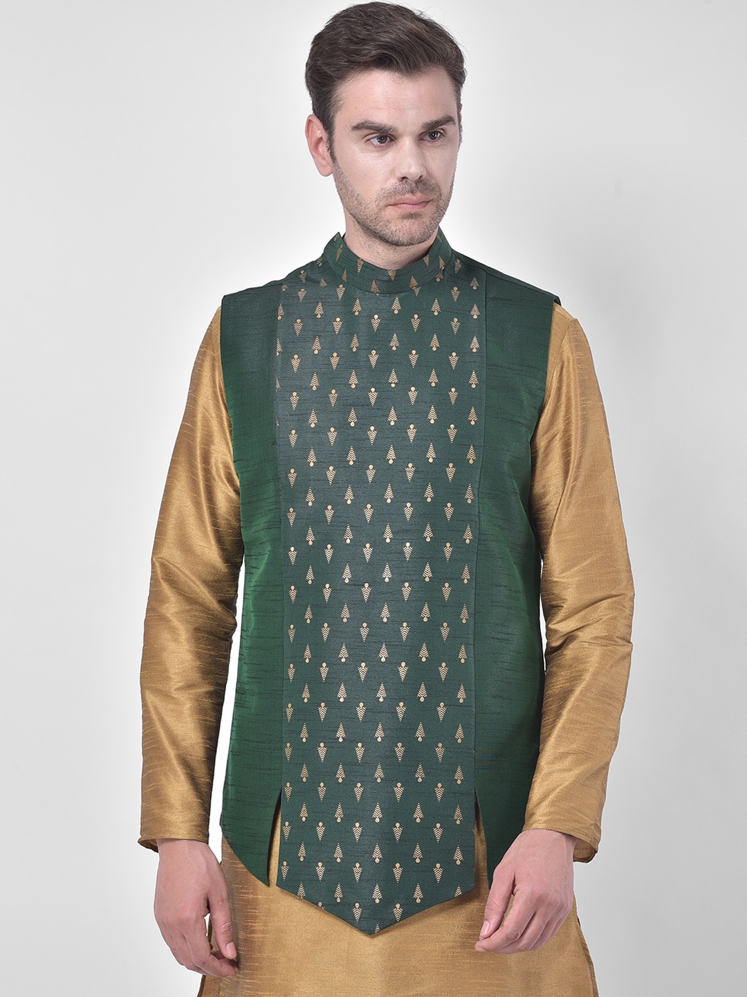 

DEYANN Men Green & Gold-Colored Printed Woven Nehru Jacket