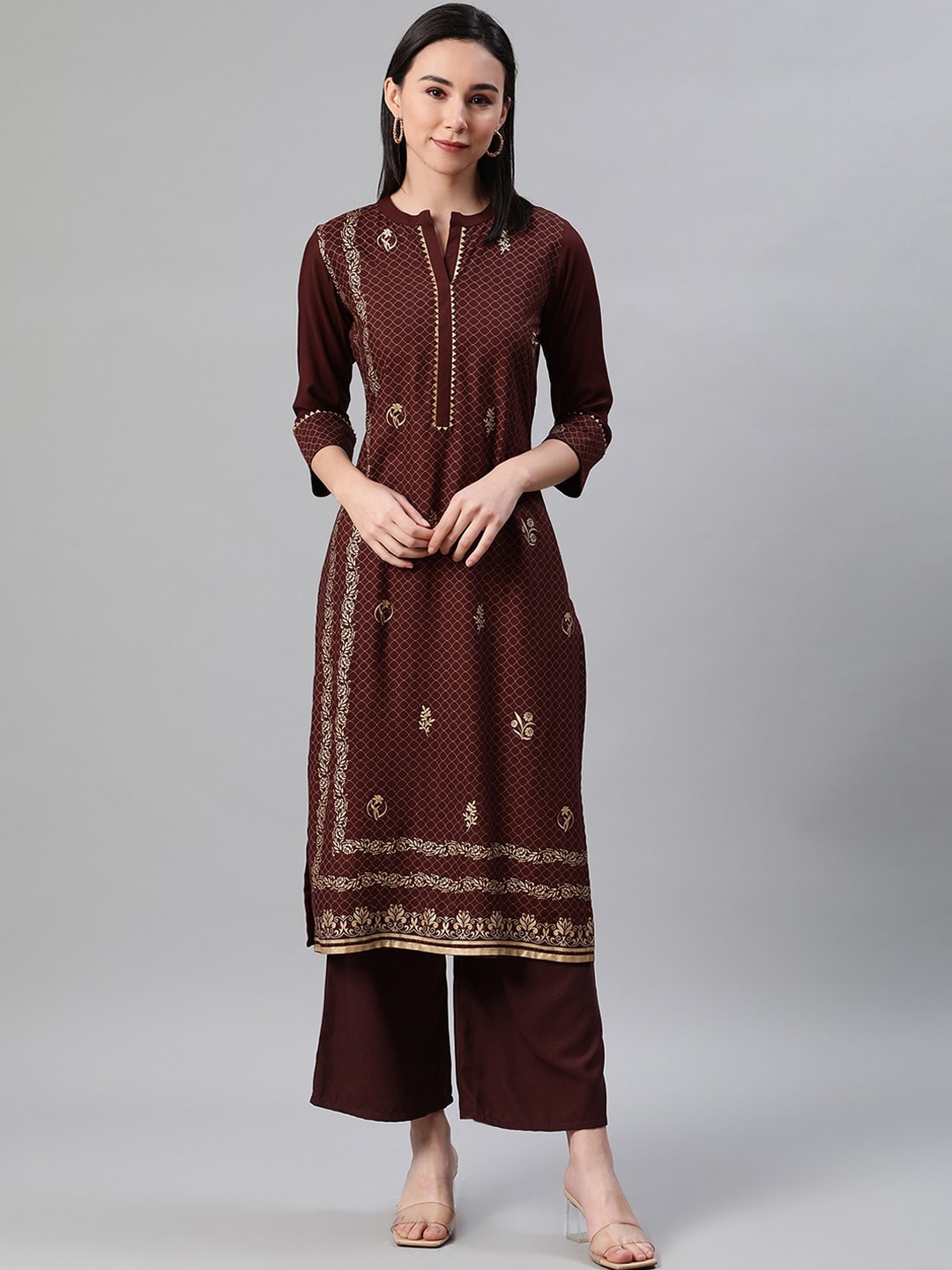 

ZIYAA Women Brown Foil Printed Kurta with Palazzos