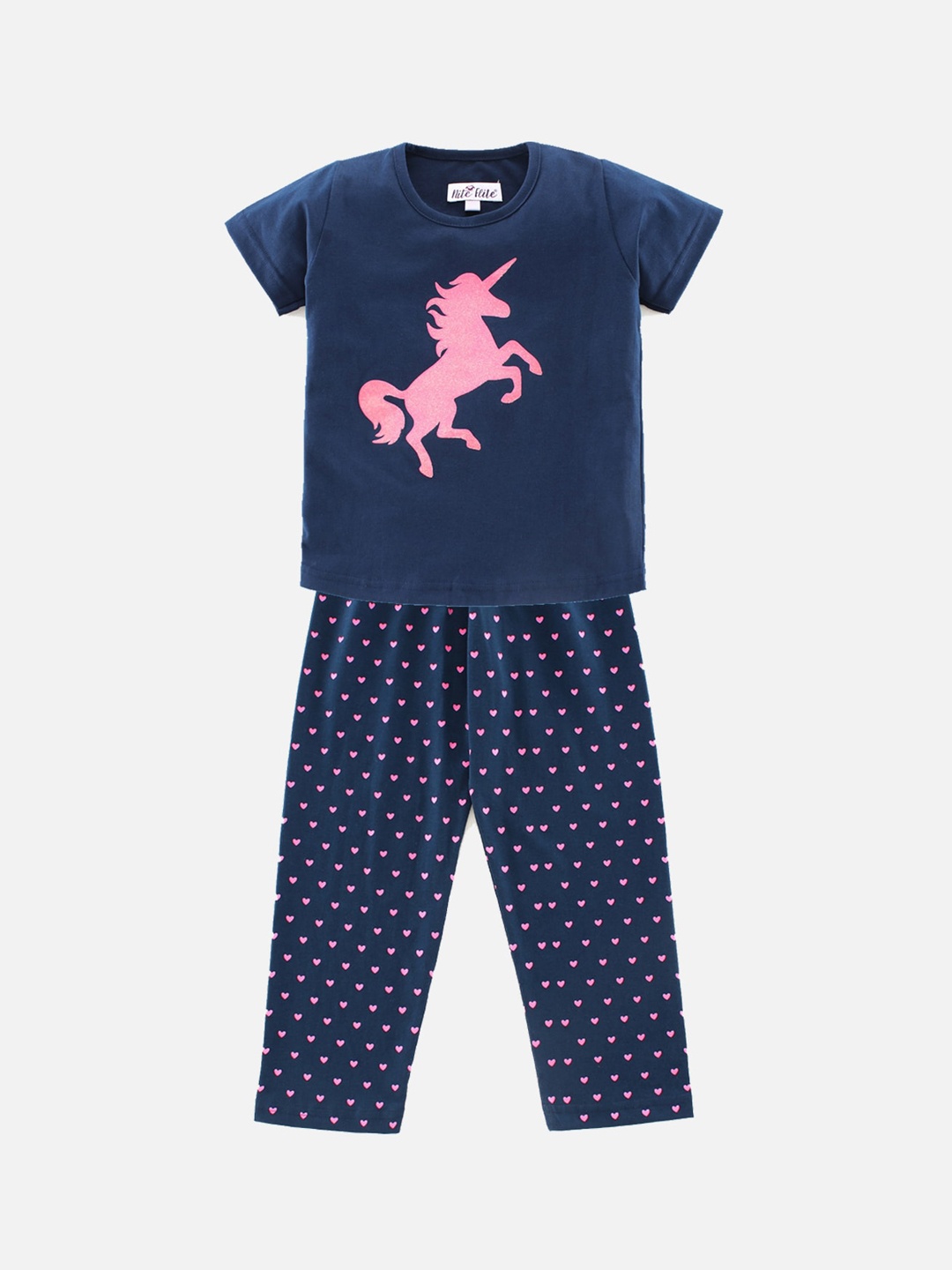 

Nite Flite Girls Navy Blue & Pink Printed Night Suit