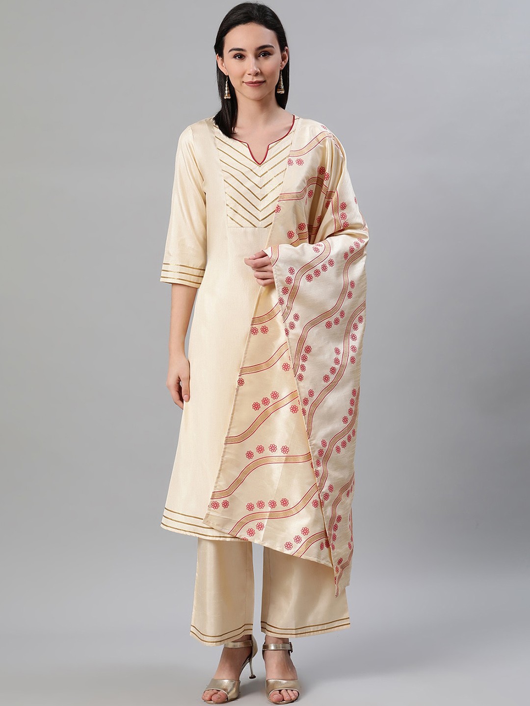 

ZIYAA Women Cream-Coloured & Red Yoke Design Kurta with Palazzos & Dupatta