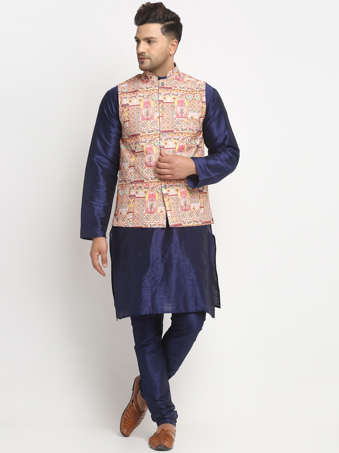 

Benstoke Men Blue & Pink Dupion Silk Kurta with Churidar & Nehru Jacket