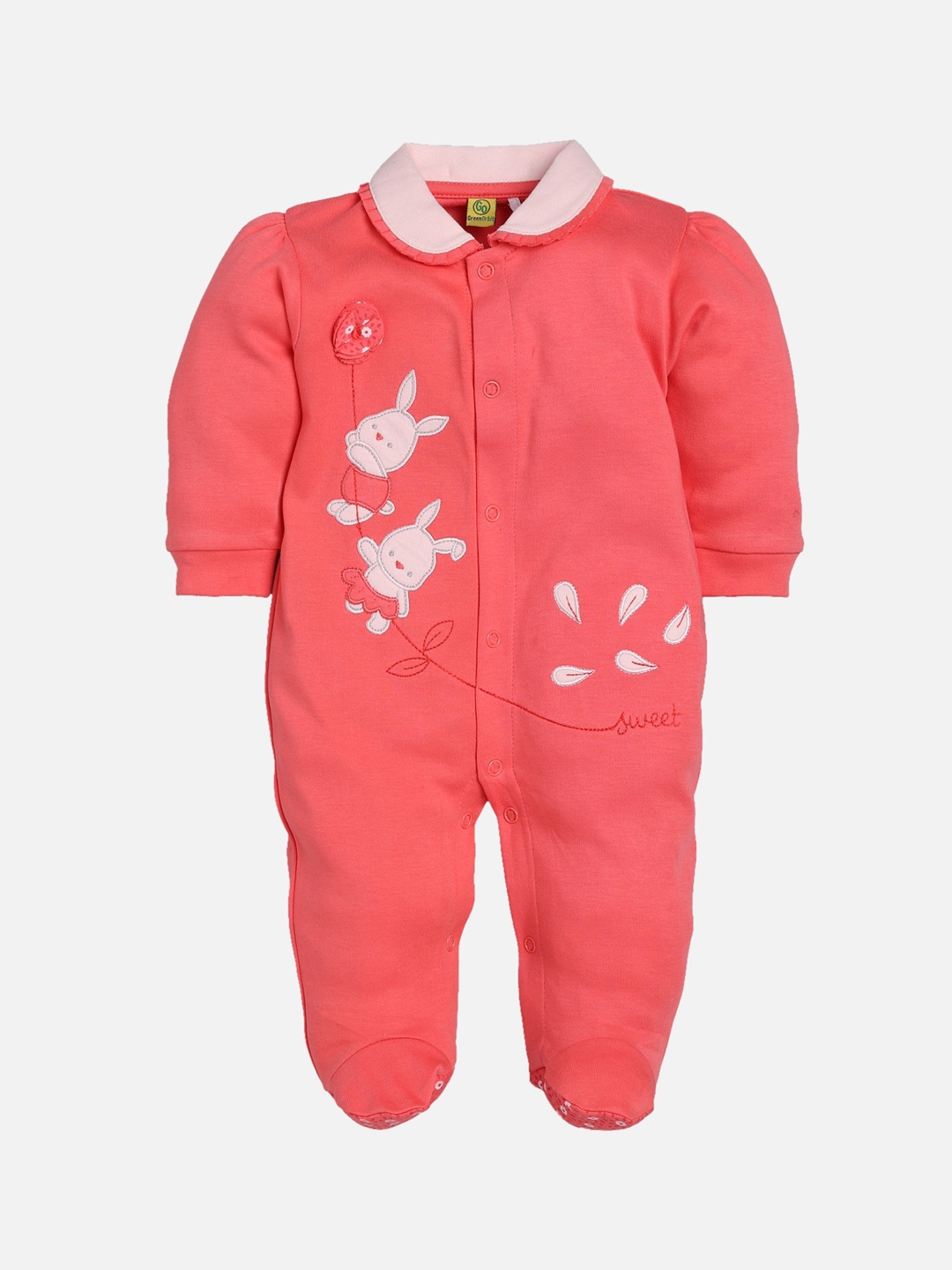 

BABY GO Infant Girls Coral Red & White Embroidered Sleepsuit