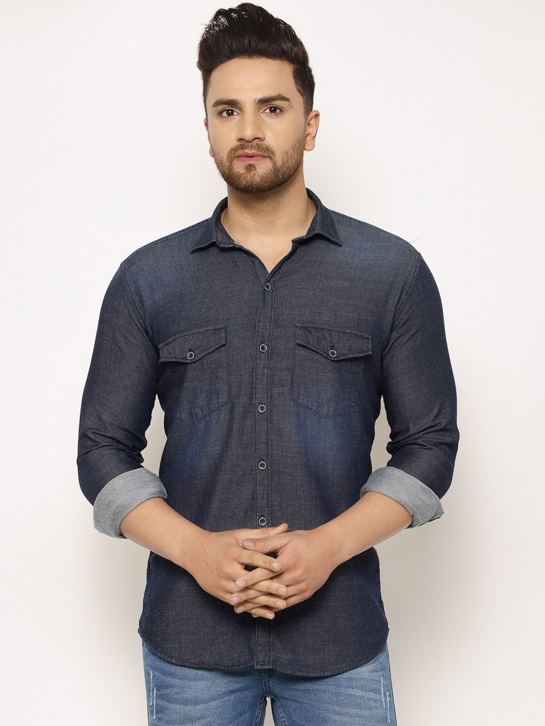 

TNG Men Blue Slim Fit Solid Denim Casual Shirt
