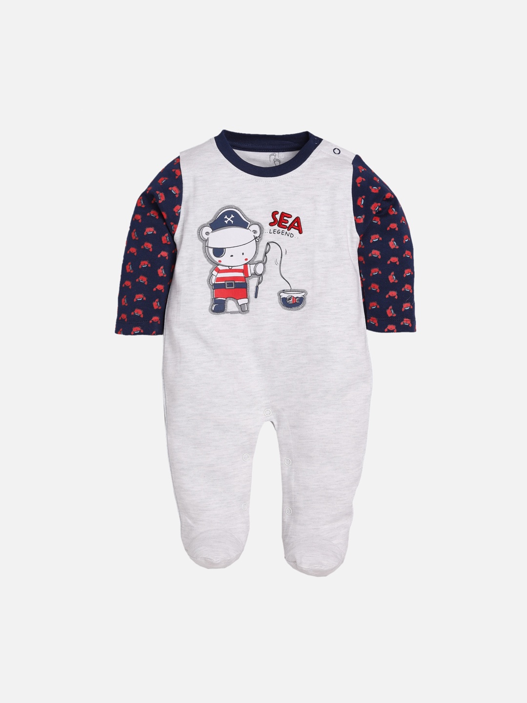BABY GO Unisex Kids White & Blue Printed Cotton Rompers