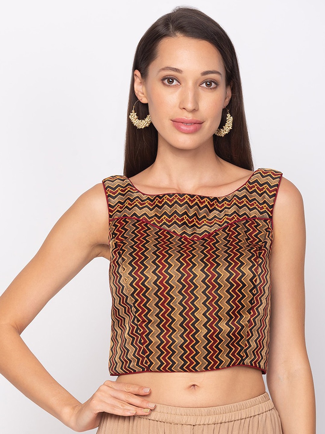 

Salwar Studio Maroon & Beige Geometric Printed Regular Ethnic Crop Top