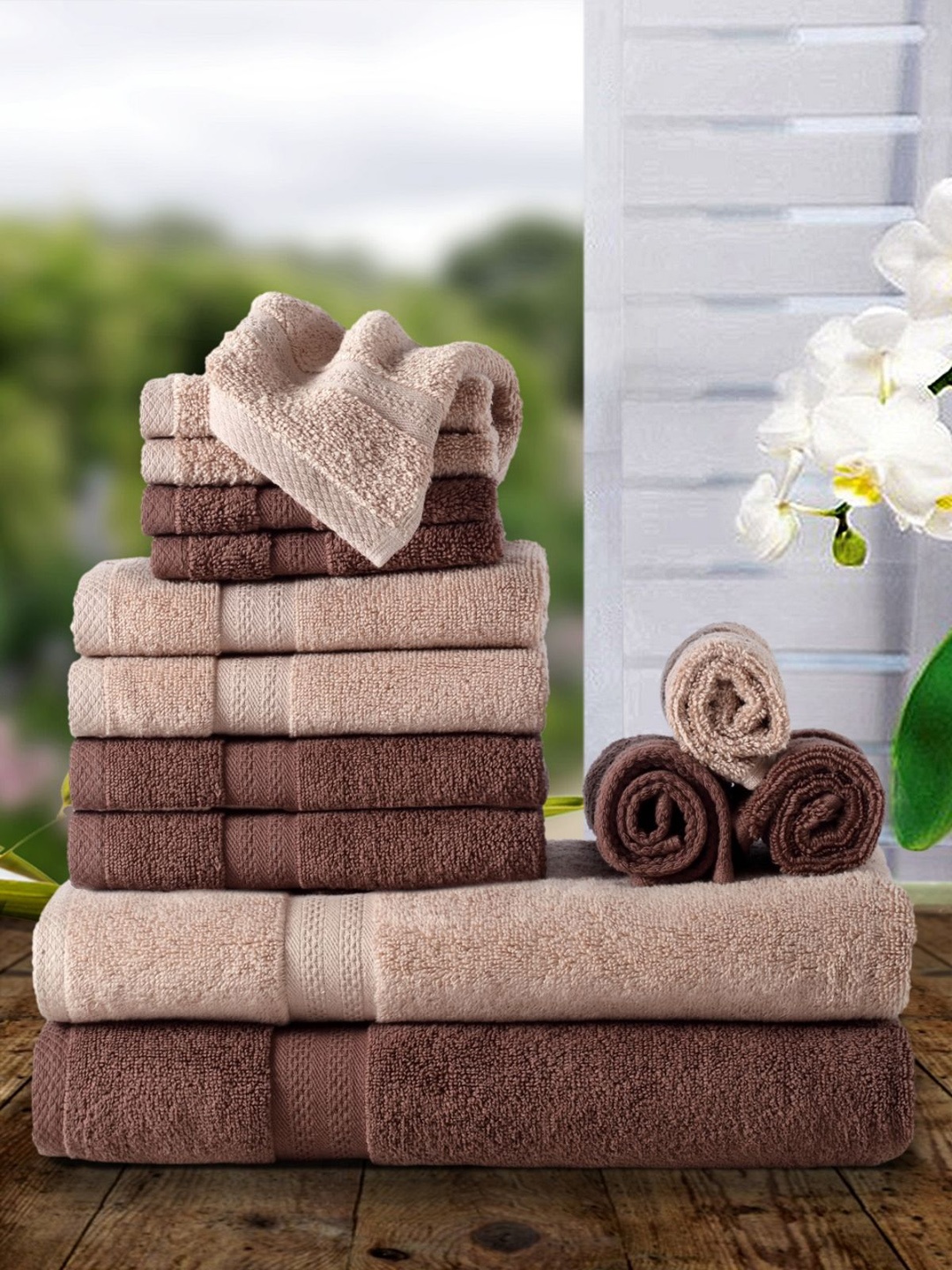BIANCA Unisex Set of 14 Solid 500 GSM Zero-Twist Towels, Brown