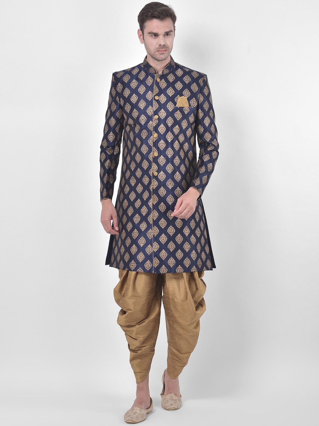 

DEYANN Men Navy Blue & Gold-Colored Printed Sherwani